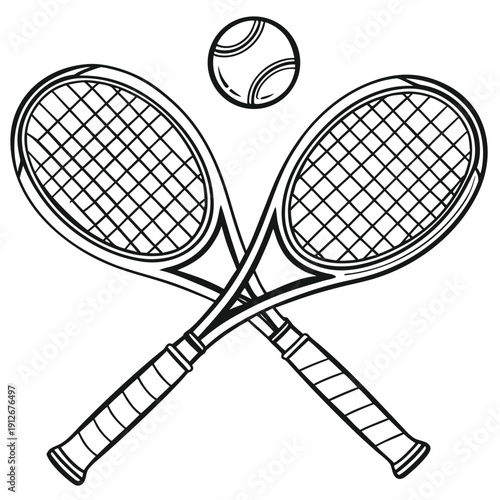 Two crossed tennis rackets with a ball above a striking black silhouette high quality professional detailed