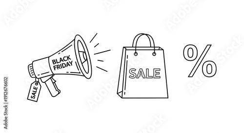 Black Friday Sale Announcement: Megaphone, Shopping Bag, and Percentage Icon