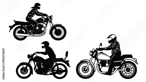 Three vintage motorcycles and riders are depicted in a striking black silhouette high quality professional detailed