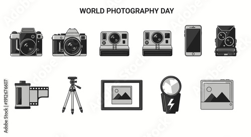 Icons representing various photography equipment and media arranged in two rows