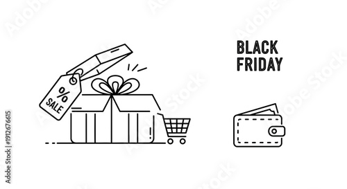 Black Friday Sale Gift Box with Shopping Cart and Wallet, Online Shopping Concept