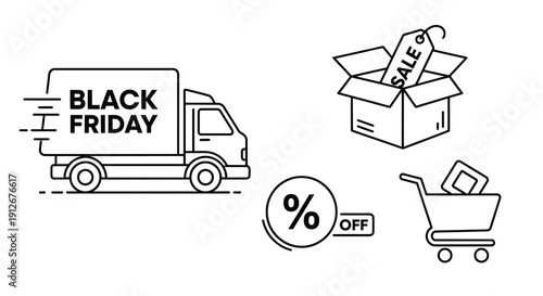 Black Friday Sale Icons: Delivery Truck, Shopping Cart, Discount Tag, Percentage Off