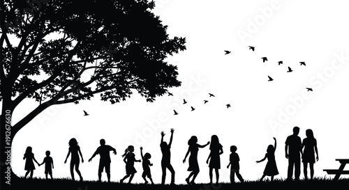 Outdoor family silhouettes under tree, children playing, picnic couple, birds flying, joyful community gathering, nature recreation illustration concept