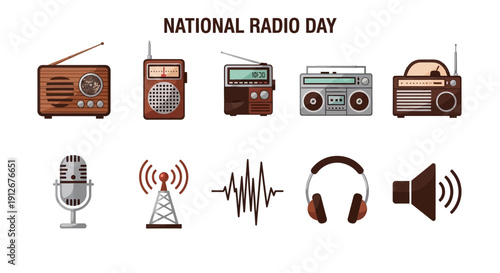 Illustration featuring various radio devices a microphone antenna sound wave headphones and speaker icon