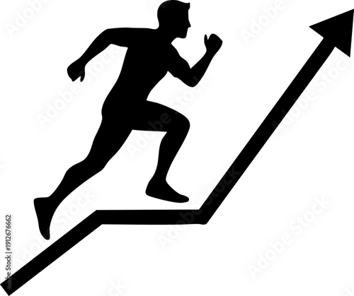 Person running along upward sloping line graph silhouette isolated on white background minimalist fast growth and business momentum illustration