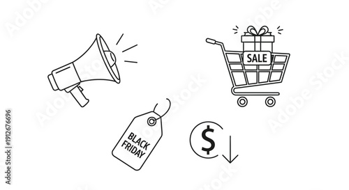 Black Friday Sale Icons: Megaphone, Shopping Cart, Price Tag, Discount