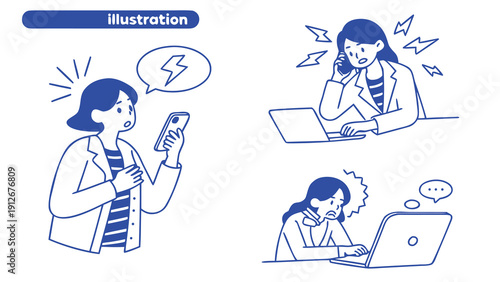 Woman experiencing work stress while on phone and laptop illustrated in a clean silhouette high quality