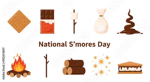 Illustration of smores ingredients and related items for National Smores Day