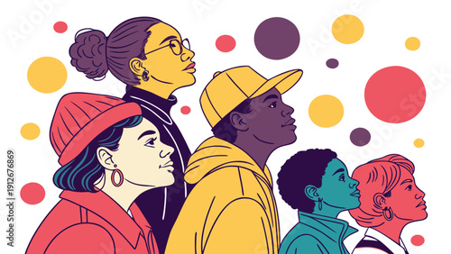Diverse group of people in profile view with colorful circles a modern illustration silhouette high quality