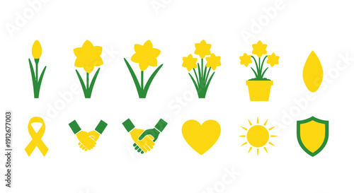 Row of yellow daffodil icons ribbons hands heart sun and shield