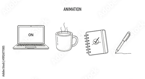 Animation of laptop, coffee, notebook, and pen for work or study
