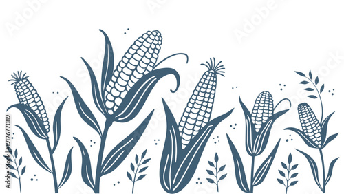Detailed illustration of corn stalks and leaves in a striking blue tone silhouette high quality professional