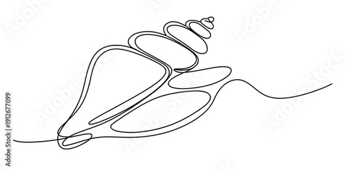 Continuous line drawing of a spiral seashell on a plain white background for minimalist art. Vector, illustration