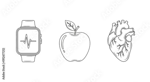 Smartwatch with heart rate, apple, and human heart icons representing health and wellness