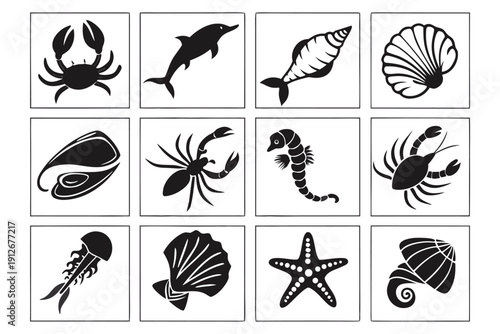 A collection of marine life depicted in bold black silhouettes arranged in a grid silhouette