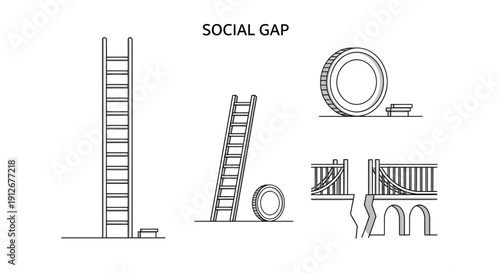 Social Gap Concept: Ladders, Coin, Bridge Illustrating Inequality and Opportunity