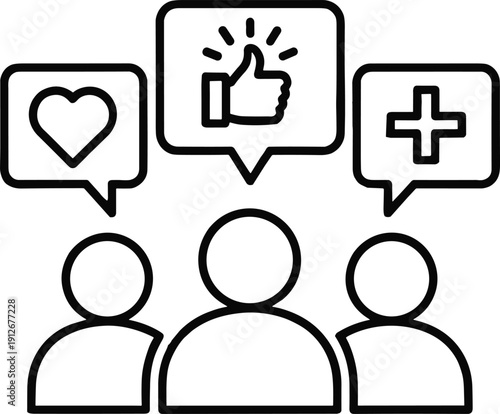 People silhouettes with speech bubbles, heart symbol, thumbs-up approval, plus sign positivity, social communication feedback illustration concept