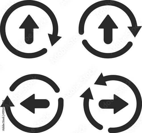 Four black circular arrows pointing up, down, left, and right, up arrow, down arrow, vector icon set for ranked navigation graphics, directional UI elements, map interfaces, infographic layouts, 