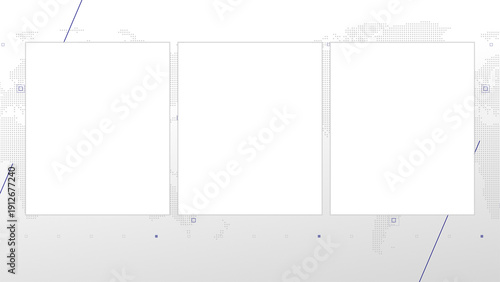 Three box split screen for news, interviews, live broadcast, tv shows, live streaming. Alpha channel transparent cut, 4K, world map background with blue elements, simplicity and minimalism design.