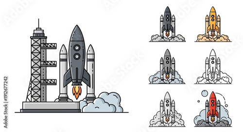 Space Rocket Launch Set: Countdown, Liftoff, and Mission Control Tower