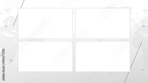 Four box split screen for news, interviews, live broadcast, tv shows, live streaming. Alpha channel transparent cut, 4K, world map background with blue elements, simplicity and minimalism design.