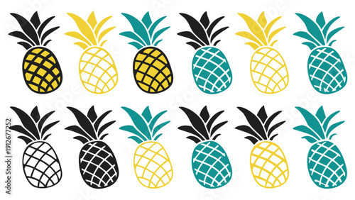 Colorful pineapples in a repeating pattern create a vibrant tropical design silhouette high quality professional detailed