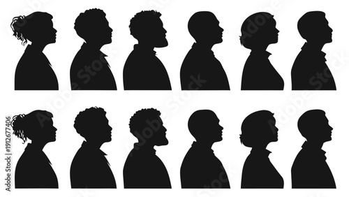 A collection of diverse profile headshots displayed as a striking black silhouette high quality professional detailed