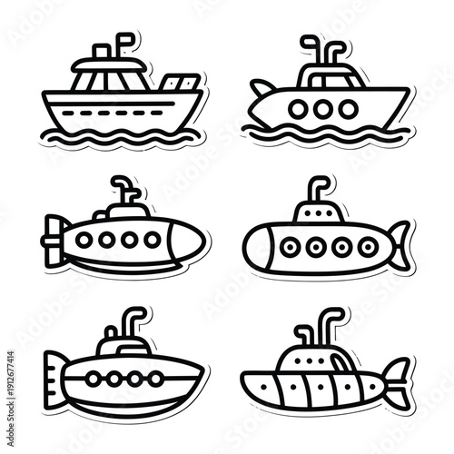 Maritime Marvels: An array of stylized illustrations showcases a diverse fleet of seafaring vessels, embodying both modern maritime and vintage nautical design. 