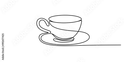 Minimalist continuous line drawing of a classic ceramic coffee cup and saucer set. Vector, illustration