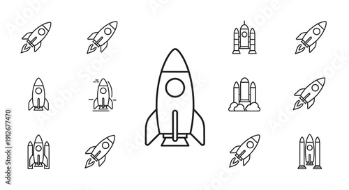 Rocket Icons Set: Space Exploration, Launch, and Technology Concepts