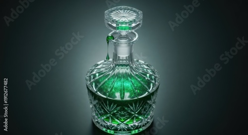 Elegant crystal decanter with a vibrant green liquid, lit dramatically