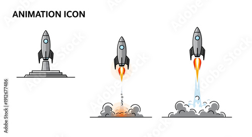 Rocket Launch Animation Icon Set: Stages of Liftoff and Ascent