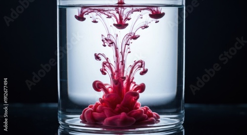Red dye swirling beautifully in clear water, creating an intricate design