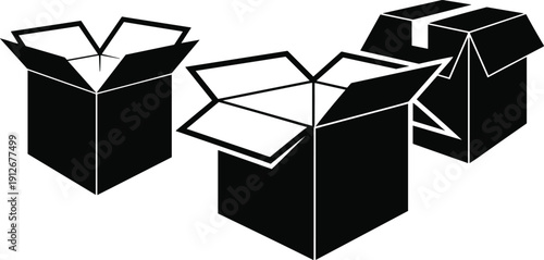 Open cardboard box icons set, packaging delivery concept, shipping storage containers, black vector illustration, isolated white background, minimal design, graphic