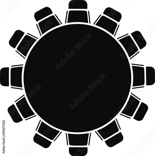 Round table with twelve chairs silhouettes, meeting setup, dining arrangement, teamwork collaboration, conference discussion, communal gathering illustration concept