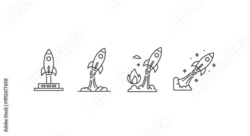 Rocket Launch Sequence: From Standstill to Space Flight, Line Art Icons