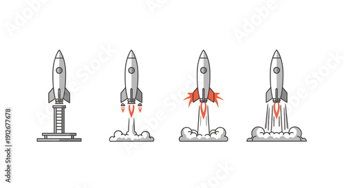 Rocket Launch Sequence: From Standstill to Liftoff with Smoke and Flames