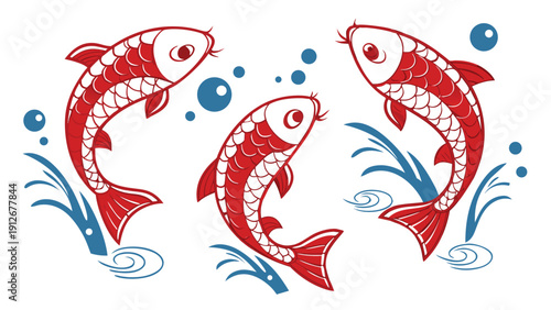 Three red koi fish swim amongst blue bubbles and reeds a striking silhouette high quality professional