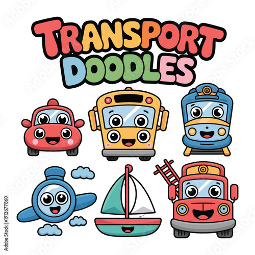 Playful Transport Doodles: A colorful and cheerful array of transport doodles, featuring a car, school bus, train, airplane, sailboat, and fire truck.