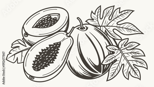 Vintage botanical illustration of papaya fruit and leaves detailed line art silhouette high quality professional modern
