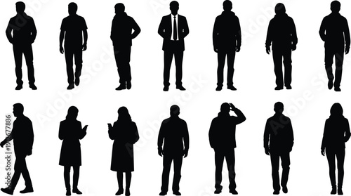 Silhouettes of diverse people walking, standing, casual wear, business attire, mobile device use, human posture, demographic social behavior illustration