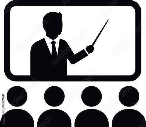 Teacher presenter silhouette in classroom, seminar training, audience students watching, education learning environment, professional development illustration concept