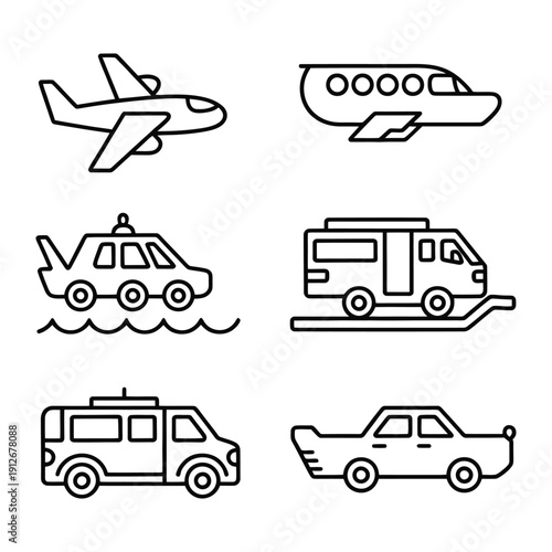Transportation Line Icons: A collection of simple, streamlined line icons showcasing various modes of transportation. perfect visual assets for illustrating movement and travel themes.