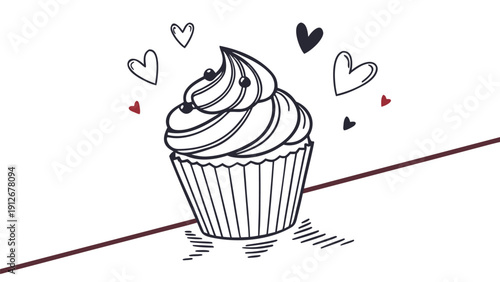 A whimsical sketch of a cupcake adorned with hearts presented as a striking silhouette high quality