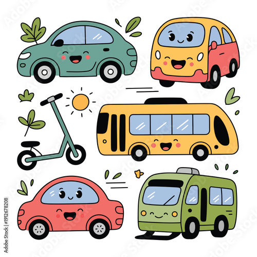 Whimsical Transportation: A delightful collection of charming vehicles, each with a friendly face, designed to bring a touch of joy and imagination to transportation themes. 