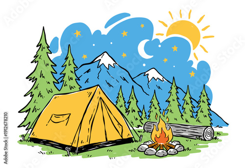 Mountain illustration outdoor adventure t-shirt print. Camping trip vector graphic design. Campfire tent and pine tree artwork. Keep nature wild and f