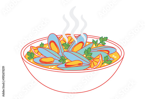 Mussels seafood t shirt design. Steamed mussels soup bowl artwork. Original sea food illustration. Restaurant menu graphic print. Mussels artwork for