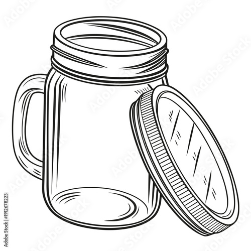A detailed black and white sketch of an open mason jar with its lid silhouette