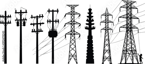 Industrial silhouette set with electrical utility poles, high voltage power towers, factory buildings, children playing, airplane flight, energy infrastructure network,