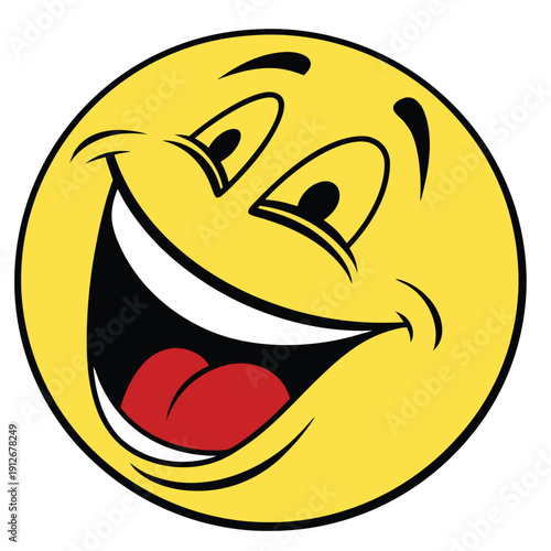 A vibrant yellow smiley face with a wide grin and red tongue a bold silhouette